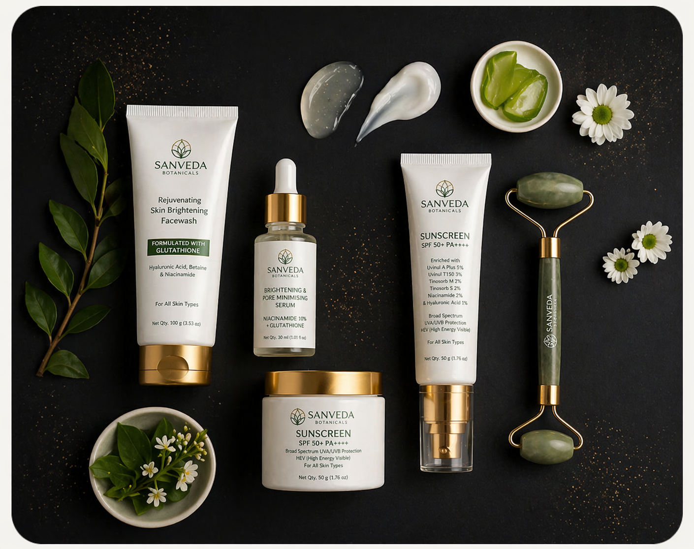SANVEDA Botanicals skincare model with flowers